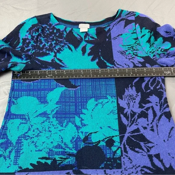 Chico's Floral Round Neck Pullover Sweater Jacquard Blue Purple Knit Sz 0 Small - Picture 4 of 6